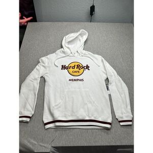 SWEATSHIRT HARD ROCK HOODIE CAFE FLEECE‎  WHITE UNISEX CLASSIC LOGO MEMPHIS S